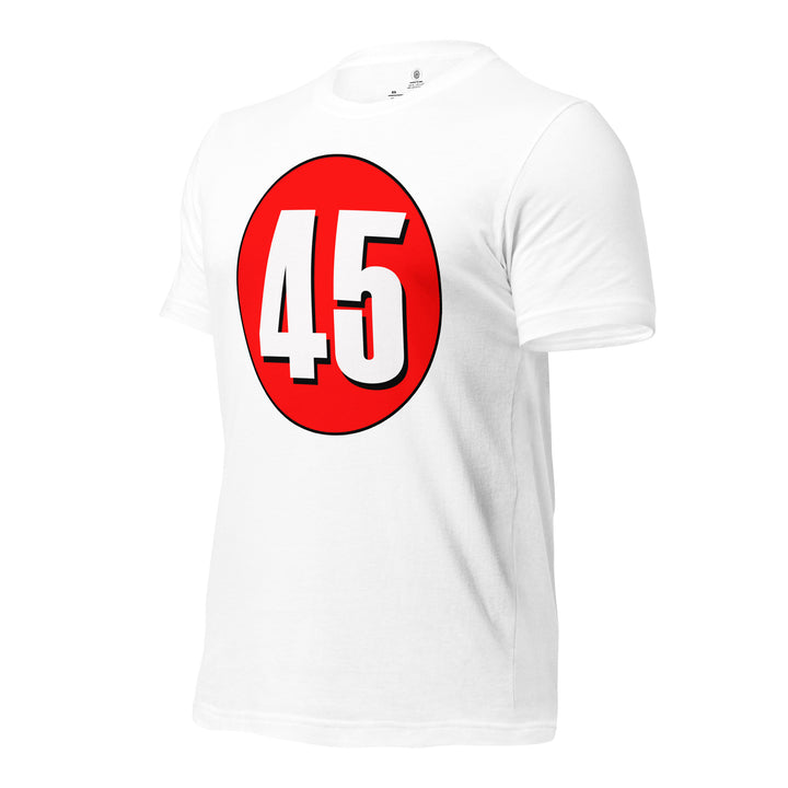 Unisex t-shirt: White on Red 45