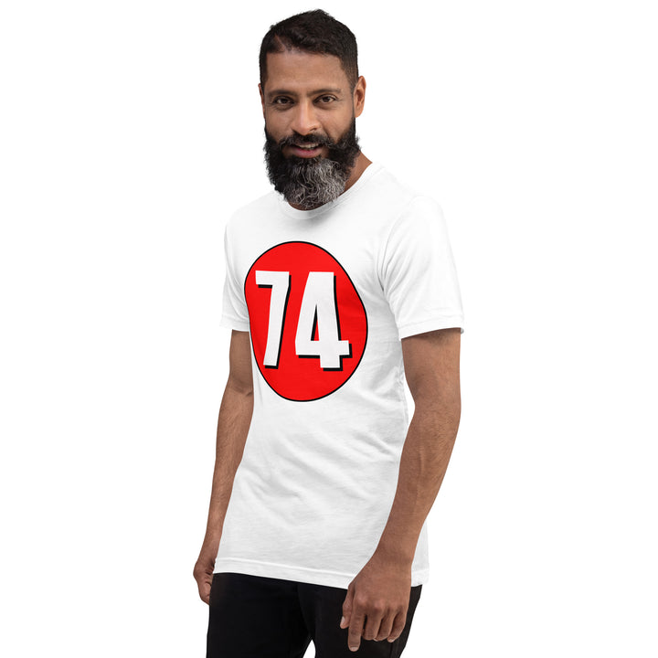 Unisex t-shirt: White on Red 74