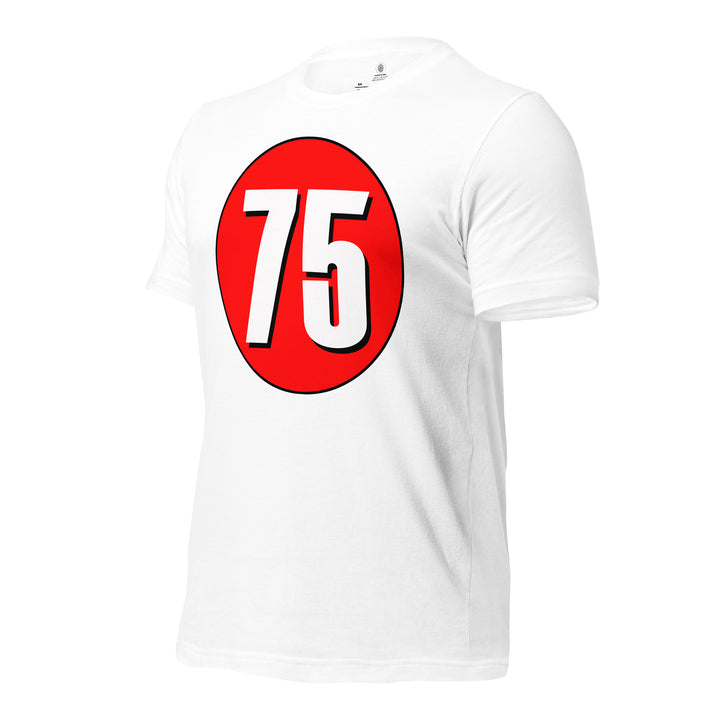 Unisex t-shirt: White on Red 75