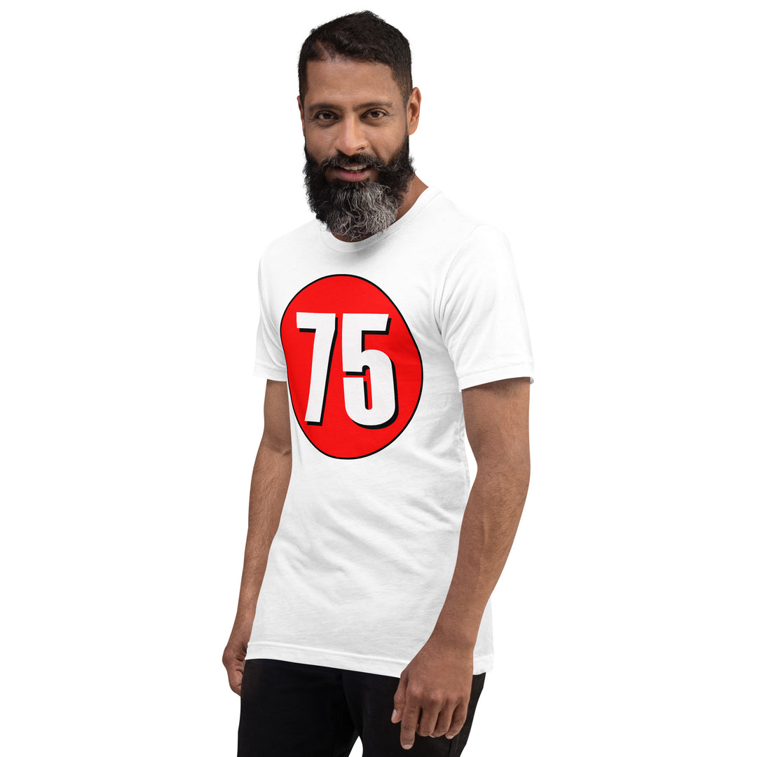 Unisex t-shirt: White on Red 75