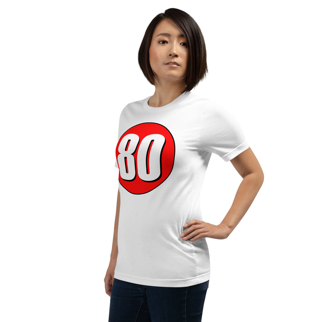 Unisex t-shirt: White on Red 80