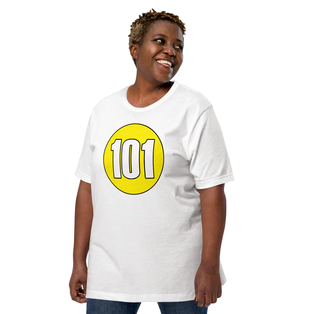 Unisex t-shirt: White on Yellow 101