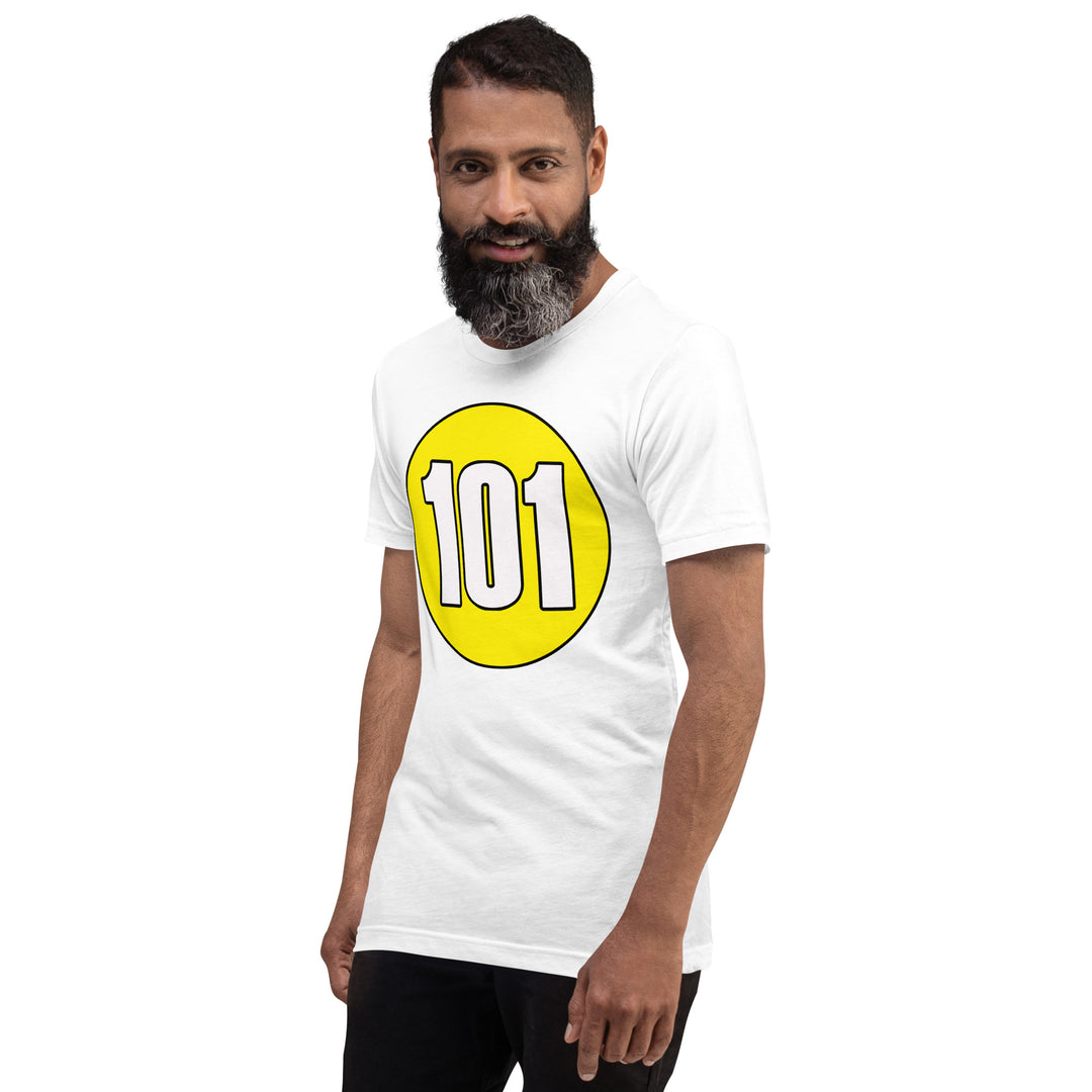 Unisex t-shirt: White on Yellow 101