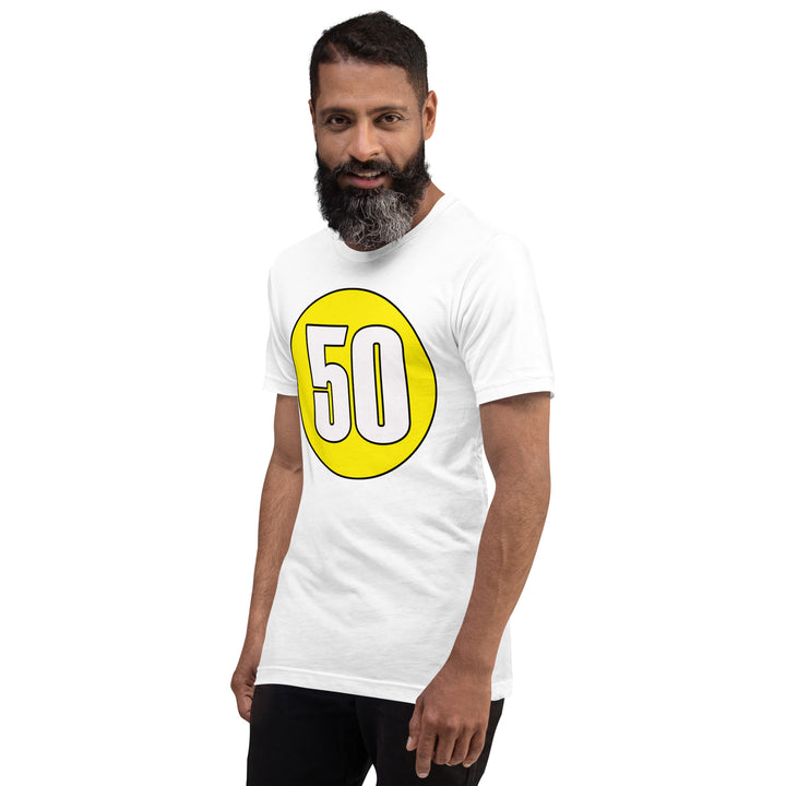 Unisex t-shirt: White on Yellow 50