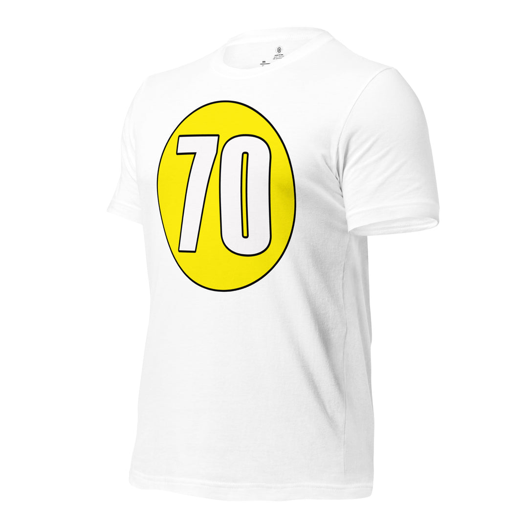 Unisex t-shirt: White on Yellow 70