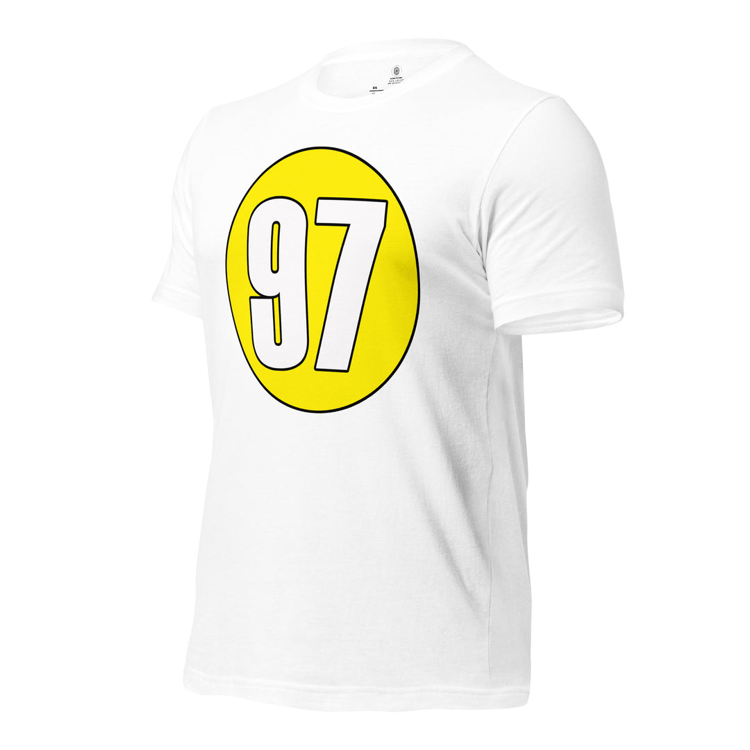 Unisex t-shirt: White on Yellow 97