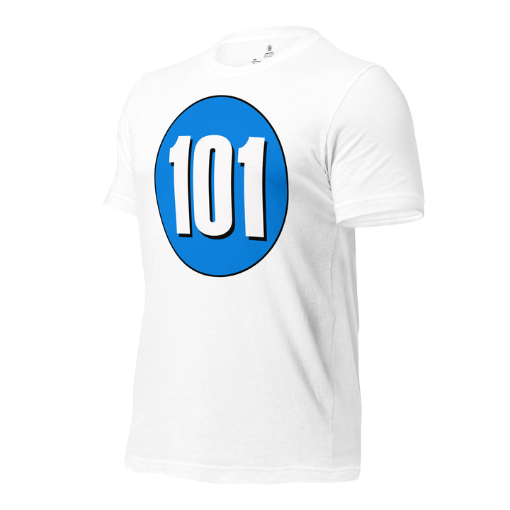 Unisex t-shirt: White on Blue 101