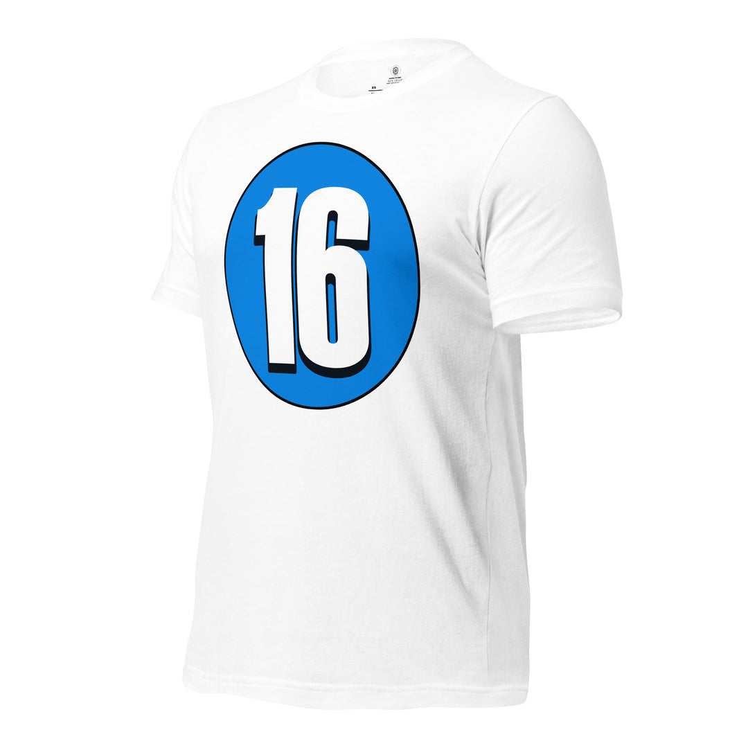 Unisex t-shirt: White on Blue 16