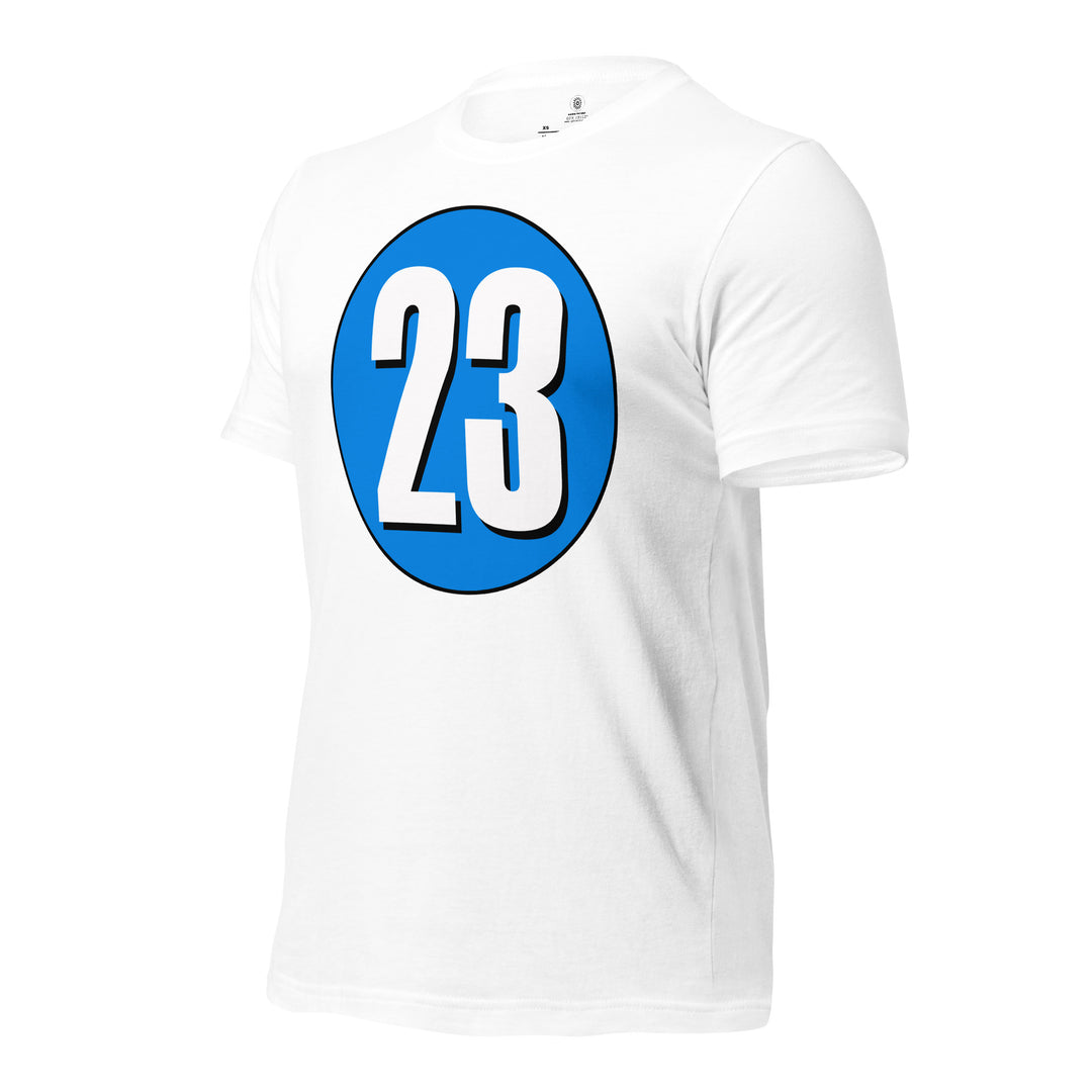 Unisex t-shirt: White on Blue 23