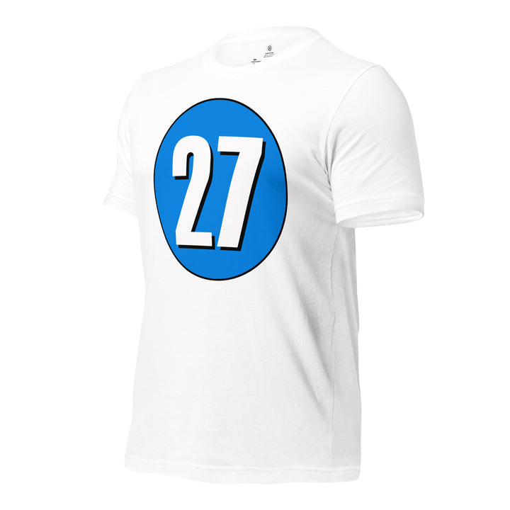 Unisex t-shirt: White on Blue 27