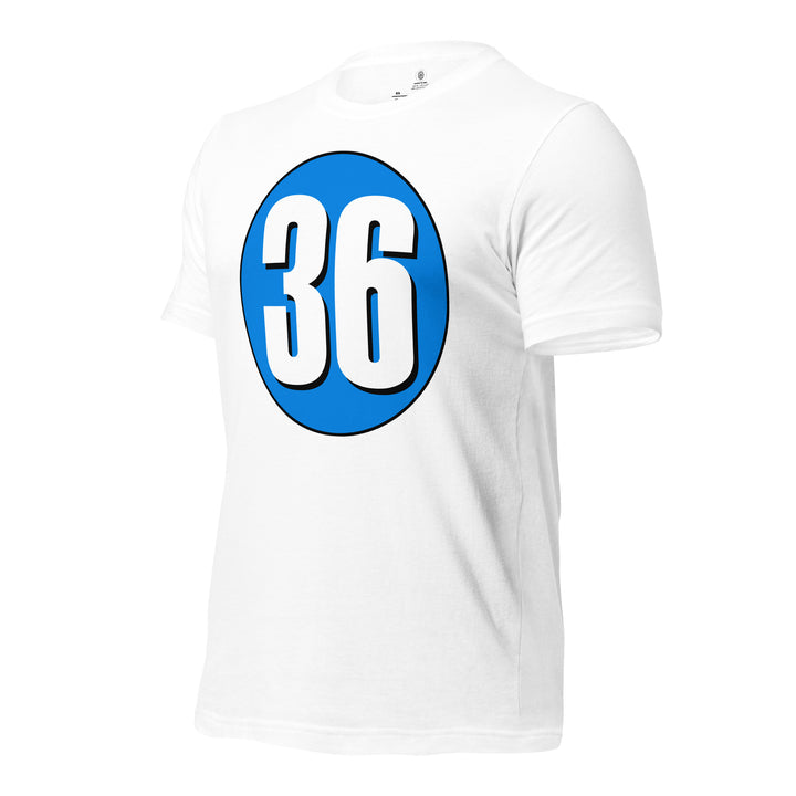 Unisex t-shirt: White on Blue 36