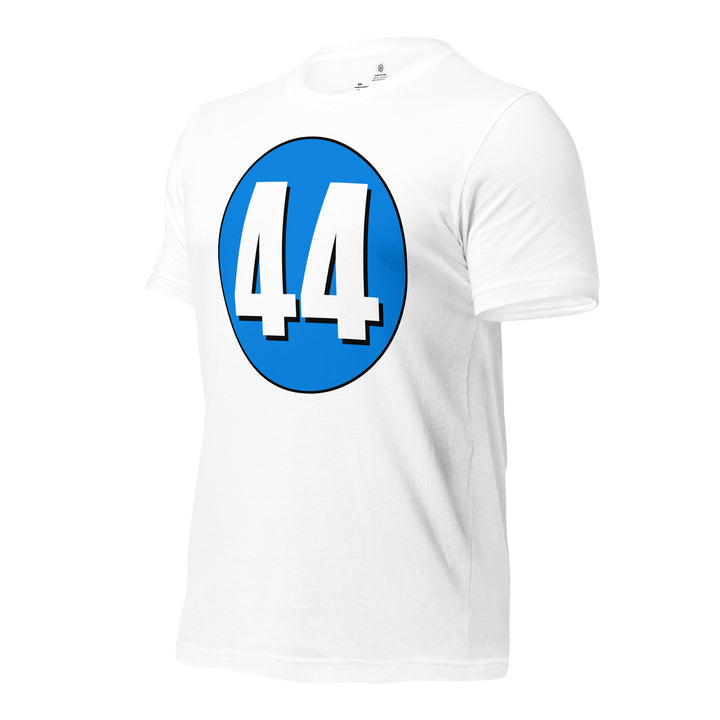 Unisex t-shirt: White on Blue 44