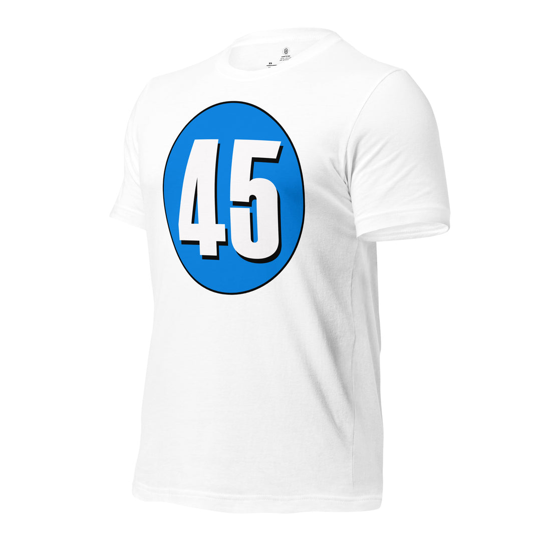 Unisex t-shirt: White on Blue 45