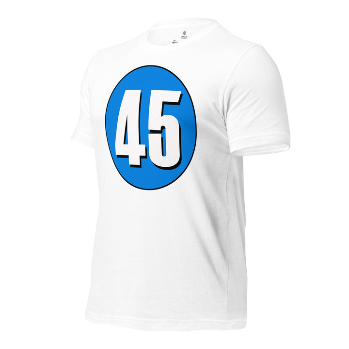 Unisex t-shirt: White on Blue 45