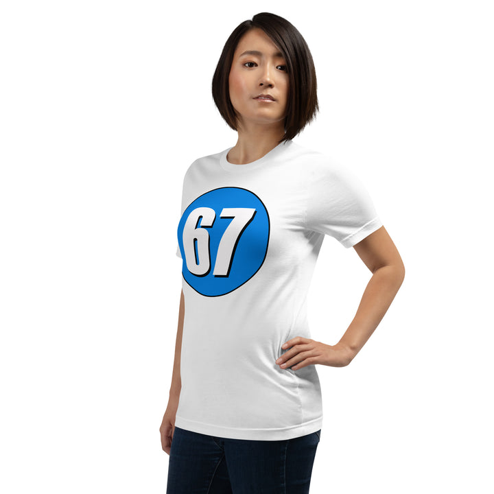 Unisex t-shirt: White on Blue 67