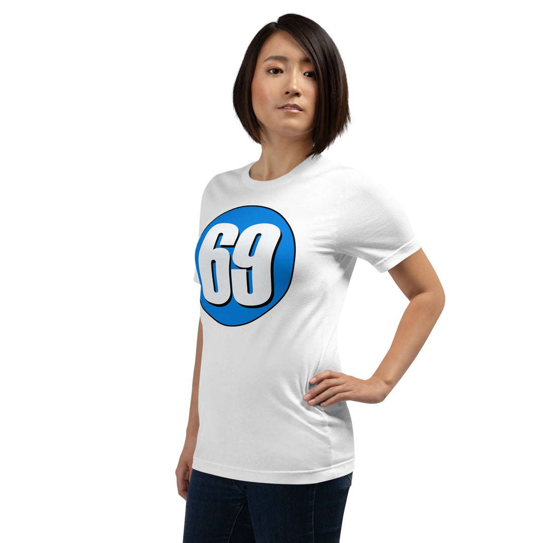 Unisex t-shirt: White on Blue 69