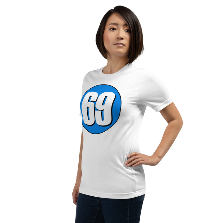 Unisex t-shirt: White on Blue 69