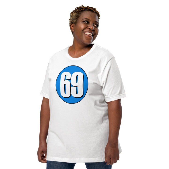 Unisex t-shirt: White on Blue 69