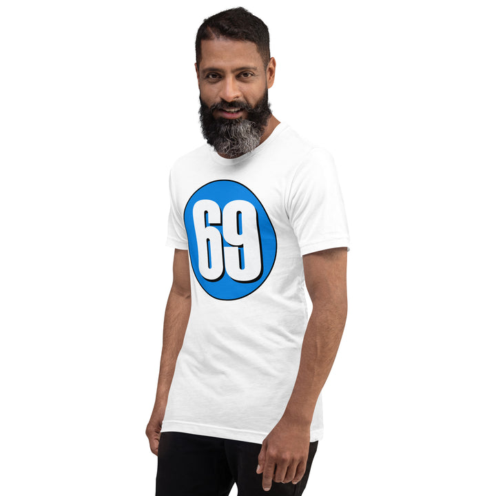 Unisex t-shirt: White on Blue 69