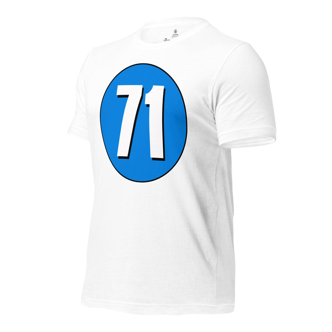 Unisex t-shirt: White on Blue 71