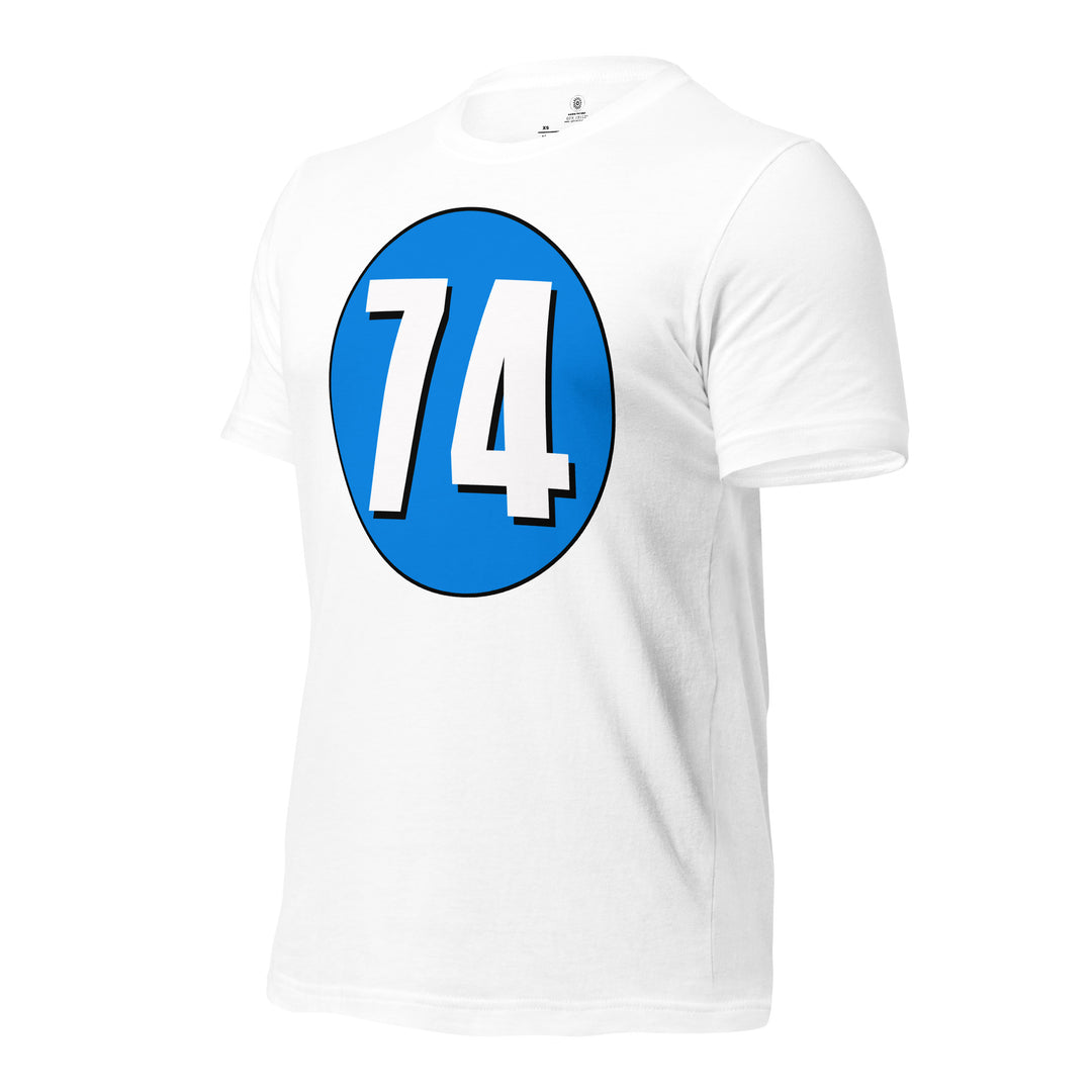 Unisex t-shirt: White on Blue 74