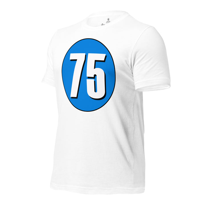 Unisex t-shirt: White on Blue 75