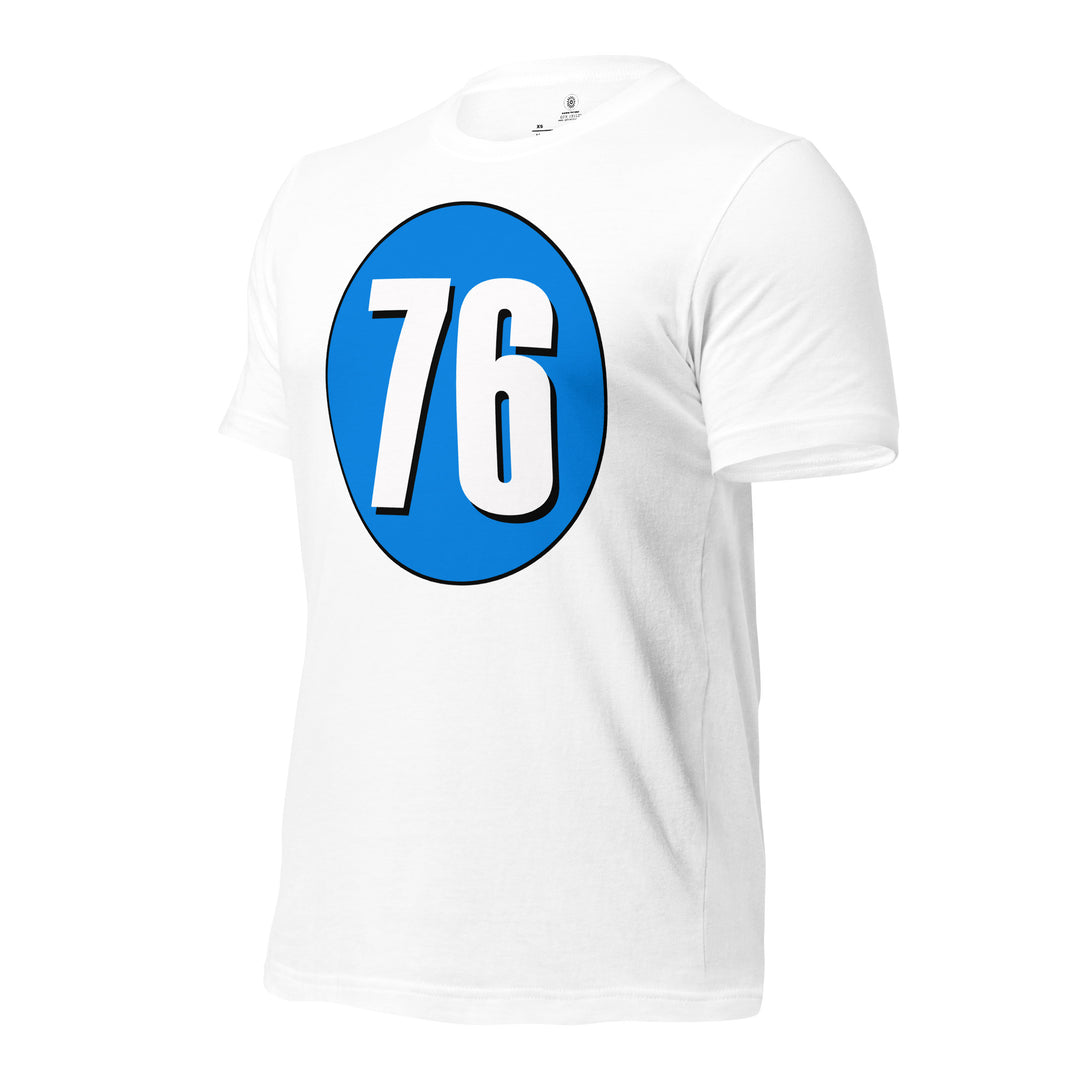 Unisex t-shirt: White on Blue 76