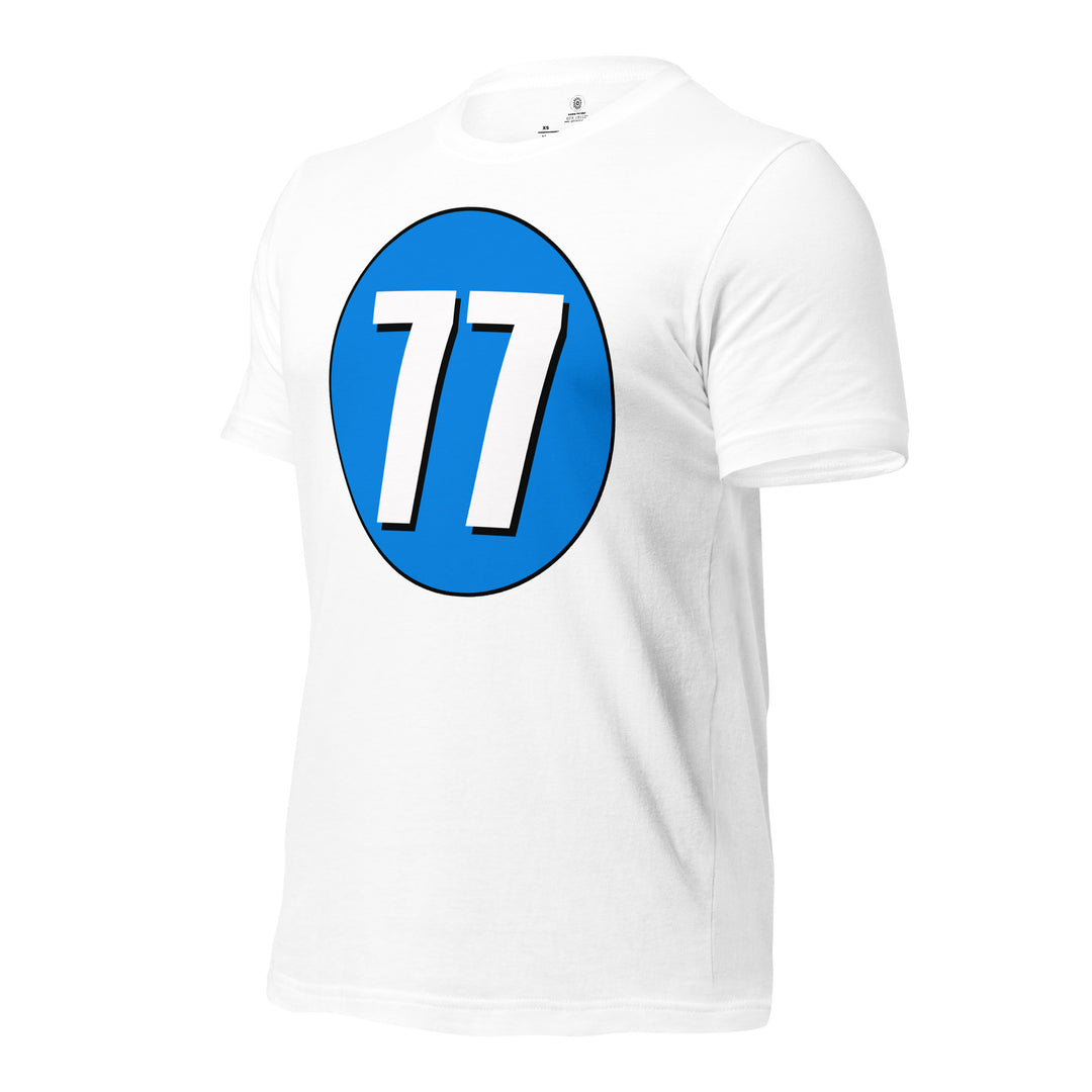 Unisex t-shirt: White on Blue 77