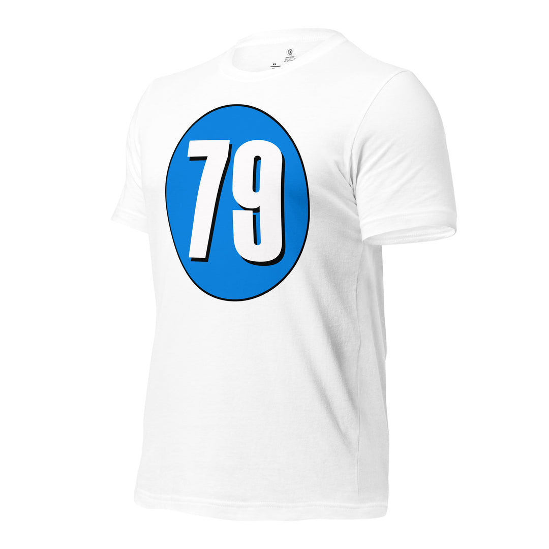 Unisex t-shirt: White on Blue 79