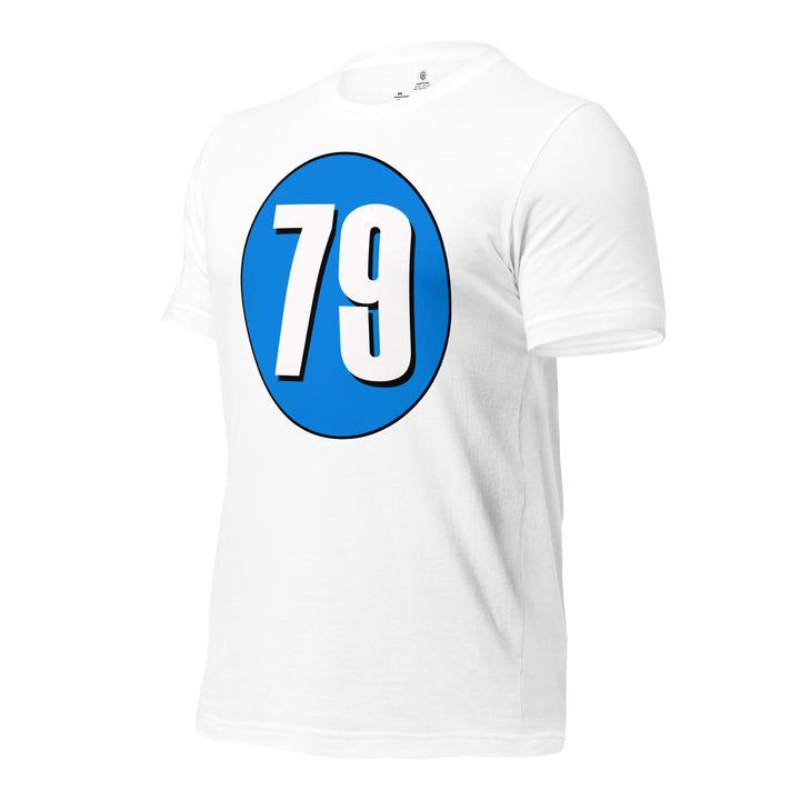 Unisex t-shirt: White on Blue 79