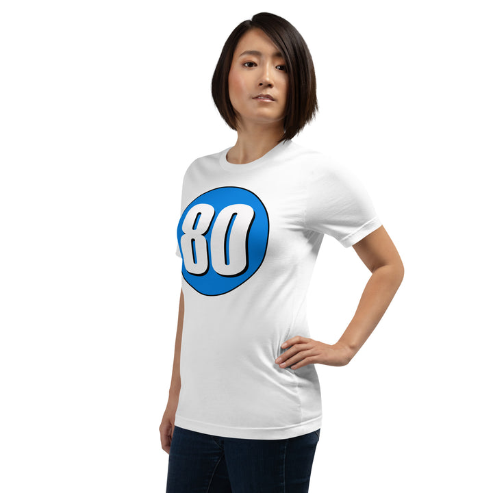 Unisex t-shirt: White on Blue 80