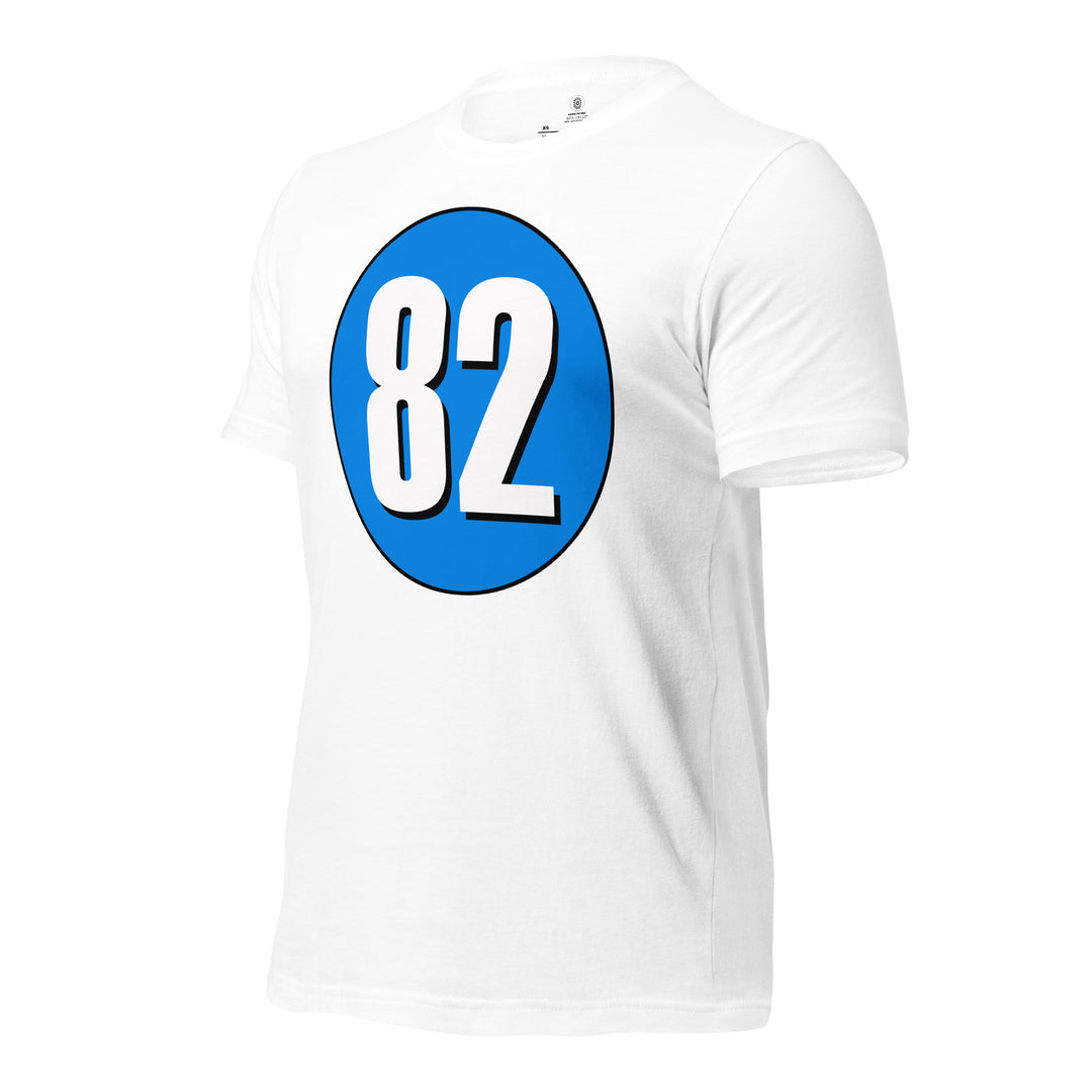 Unisex t-shirt: White on Blue 82