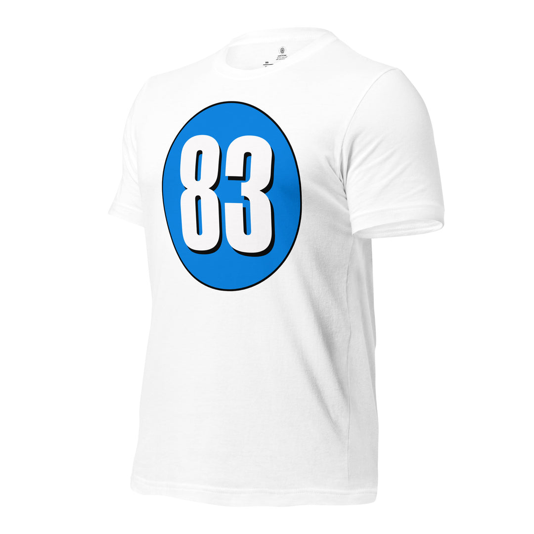 Unisex t-shirt: White on Blue 83