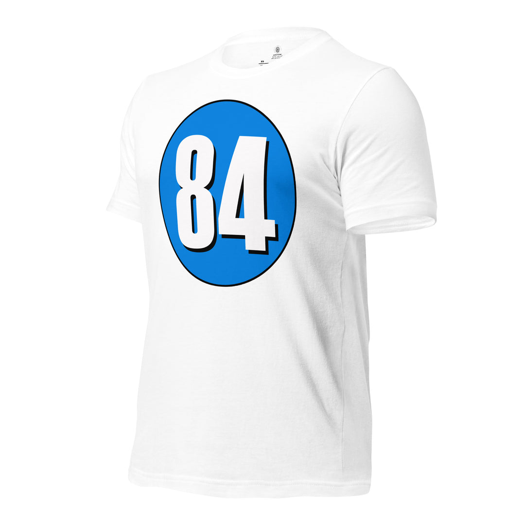 Unisex t-shirt: White on Blue 84