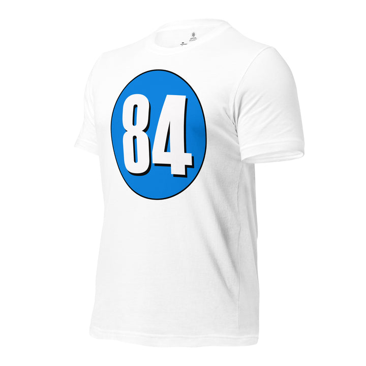 Unisex t-shirt: White on Blue 84