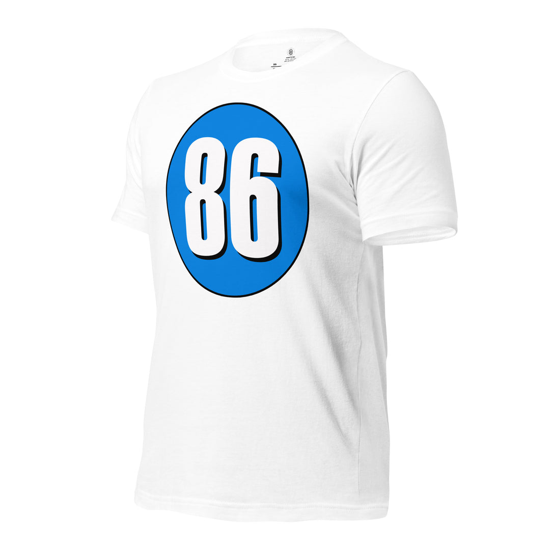 Unisex t-shirt: White on Blue 86