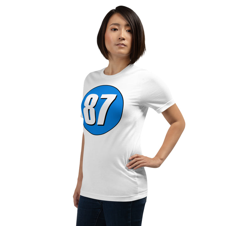 Unisex t-shirt: White on Blue 87