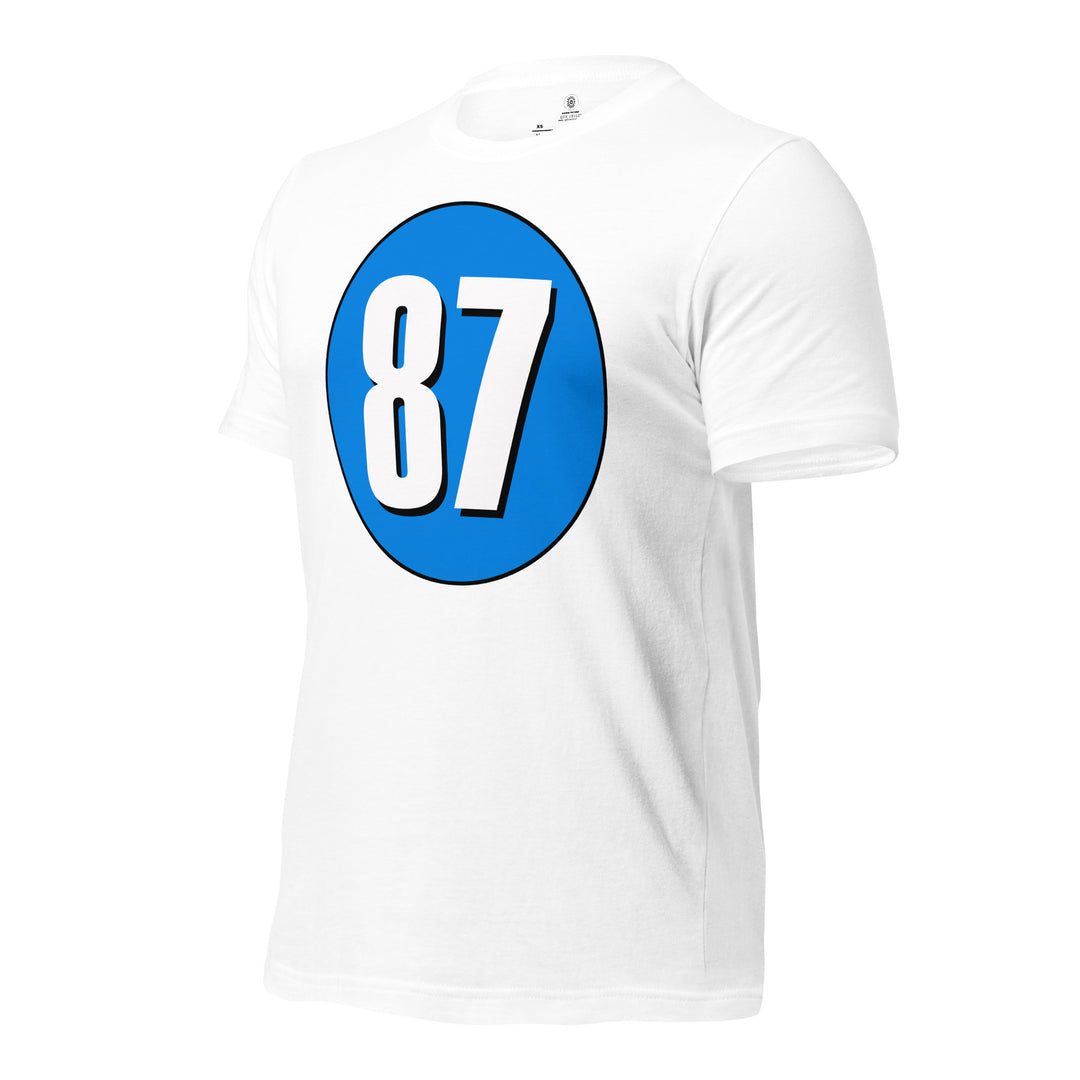 Unisex t-shirt: White on Blue 87