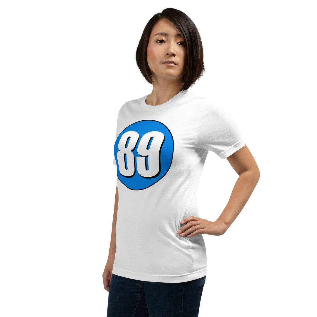 Unisex t-shirt: White on Blue 89