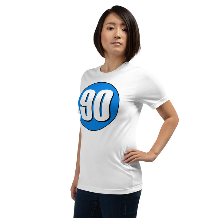 Unisex t-shirt: White on Blue 90