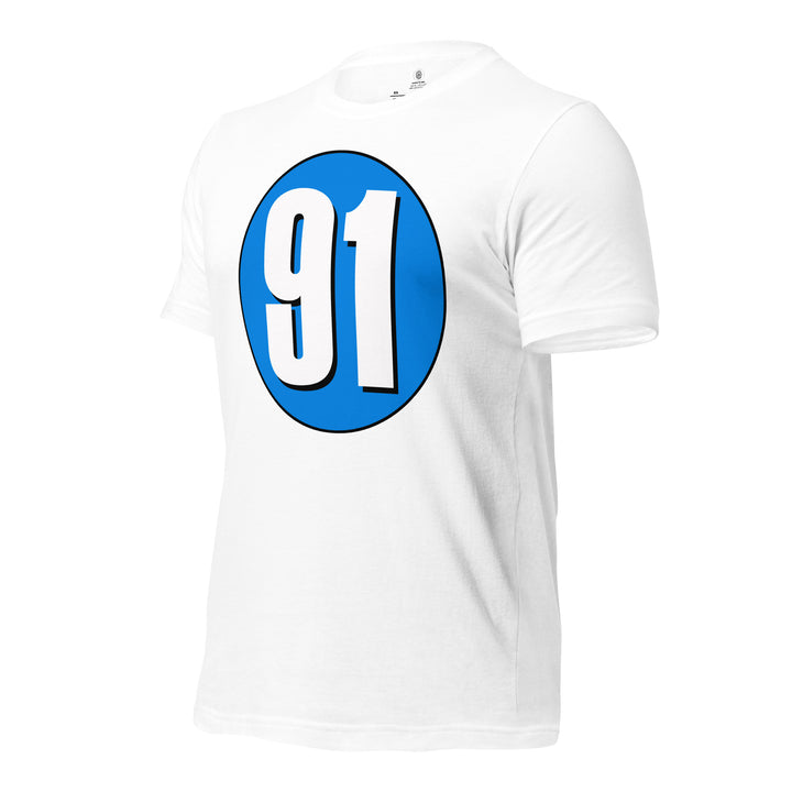 Unisex t-shirt: White on Blue 91