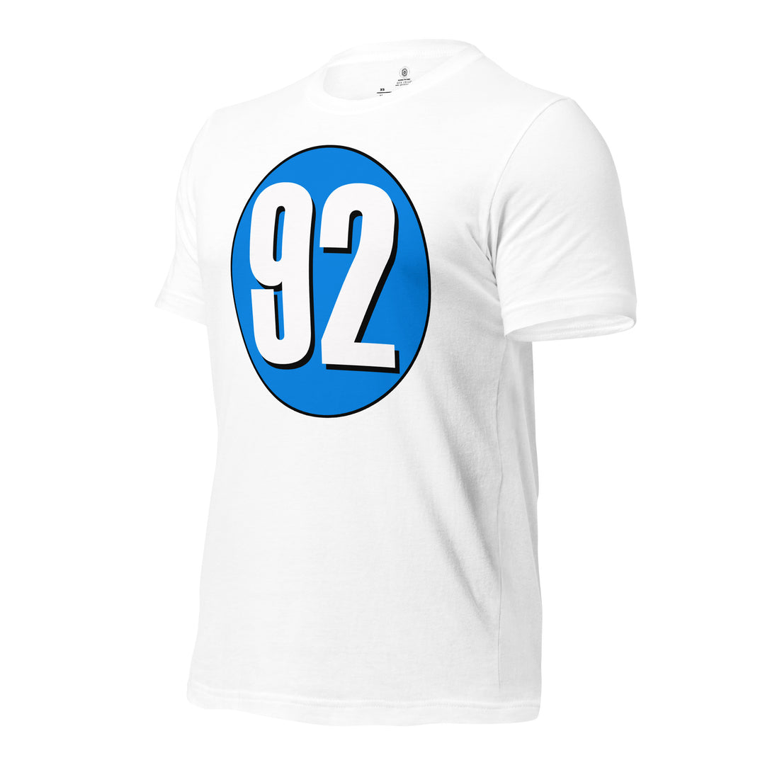 Unisex t-shirt: White on Blue 92