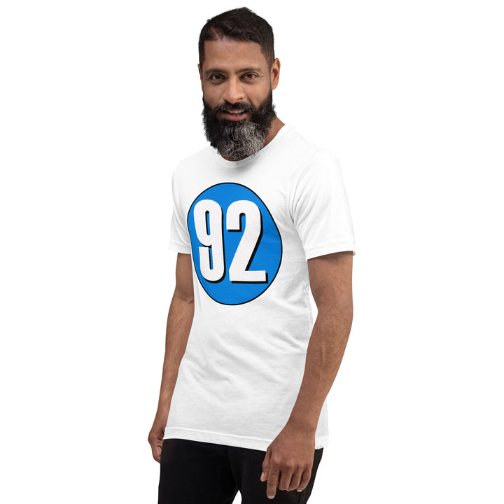 Unisex t-shirt: White on Blue 92