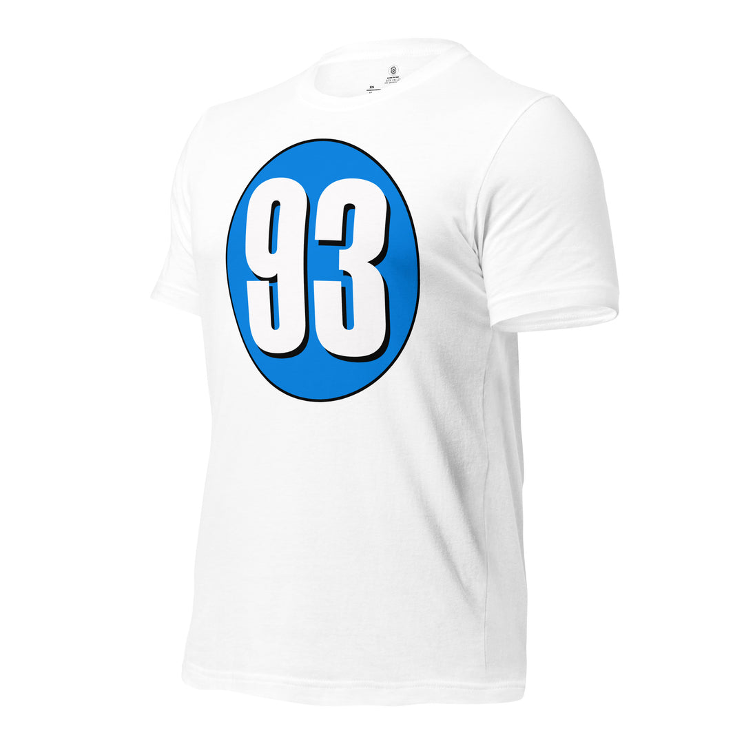 Unisex t-shirt: White on Blue 93