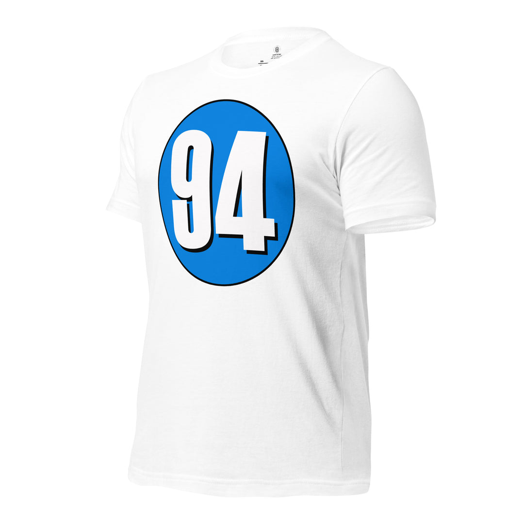 Unisex t-shirt: White on Blue 94