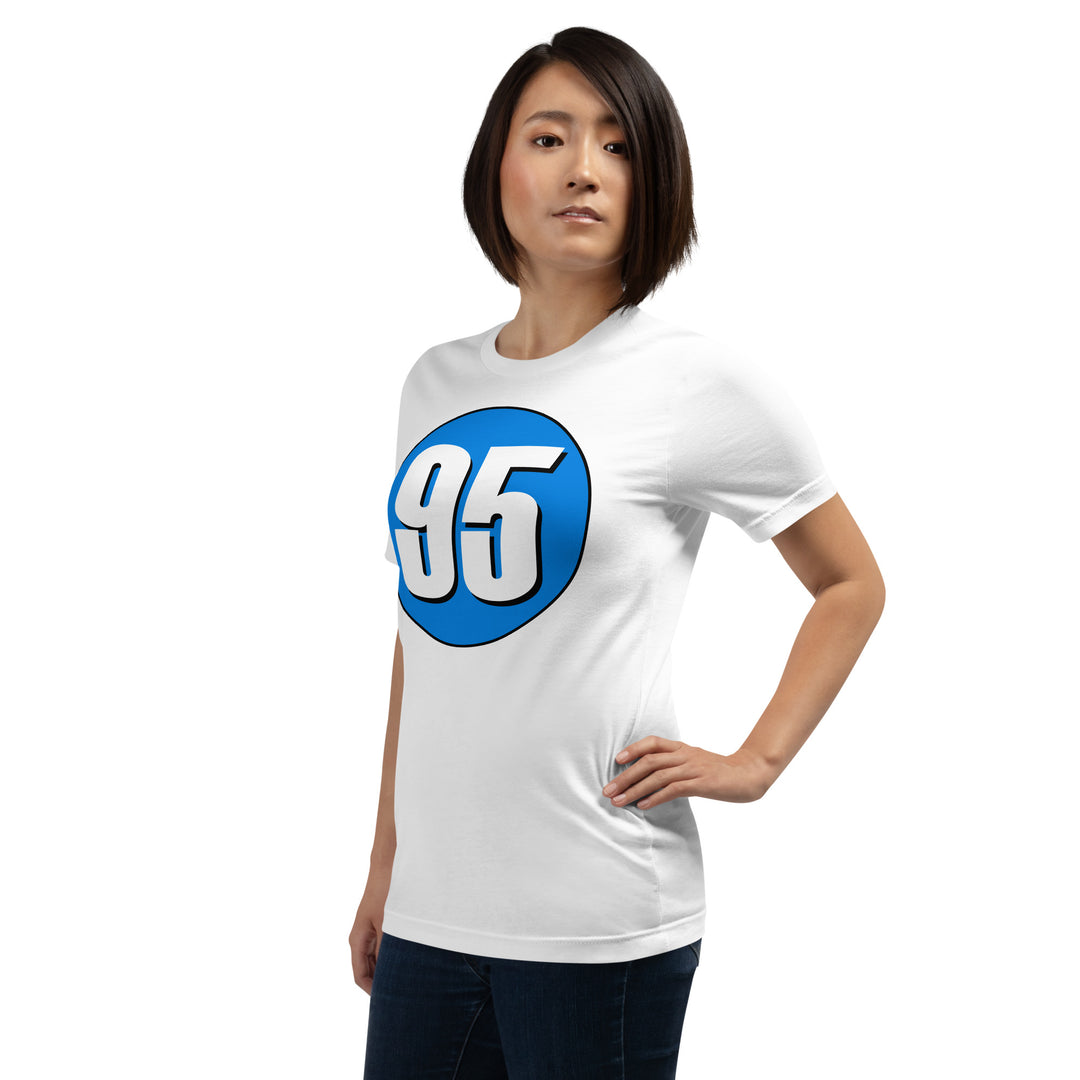 Unisex t-shirt: White on Blue 95