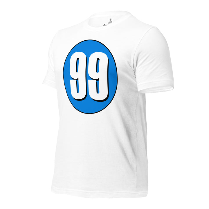 Unisex t-shirt: White on Blue 99