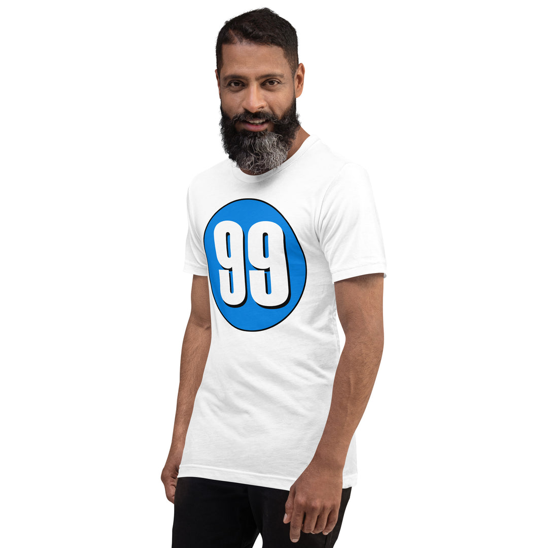 Unisex t-shirt: White on Blue 99