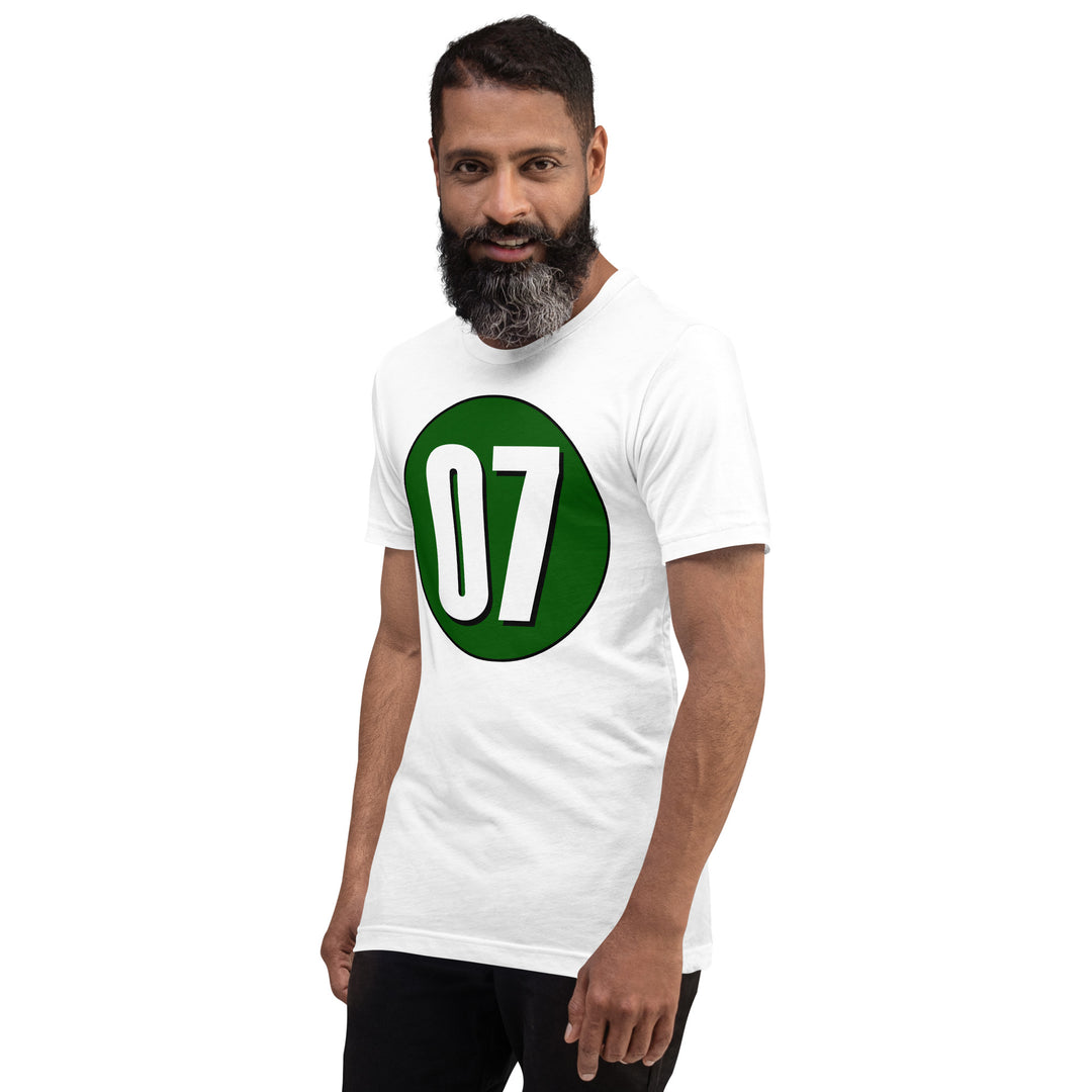 Unisex t-shirt: White on Hunter Green 07