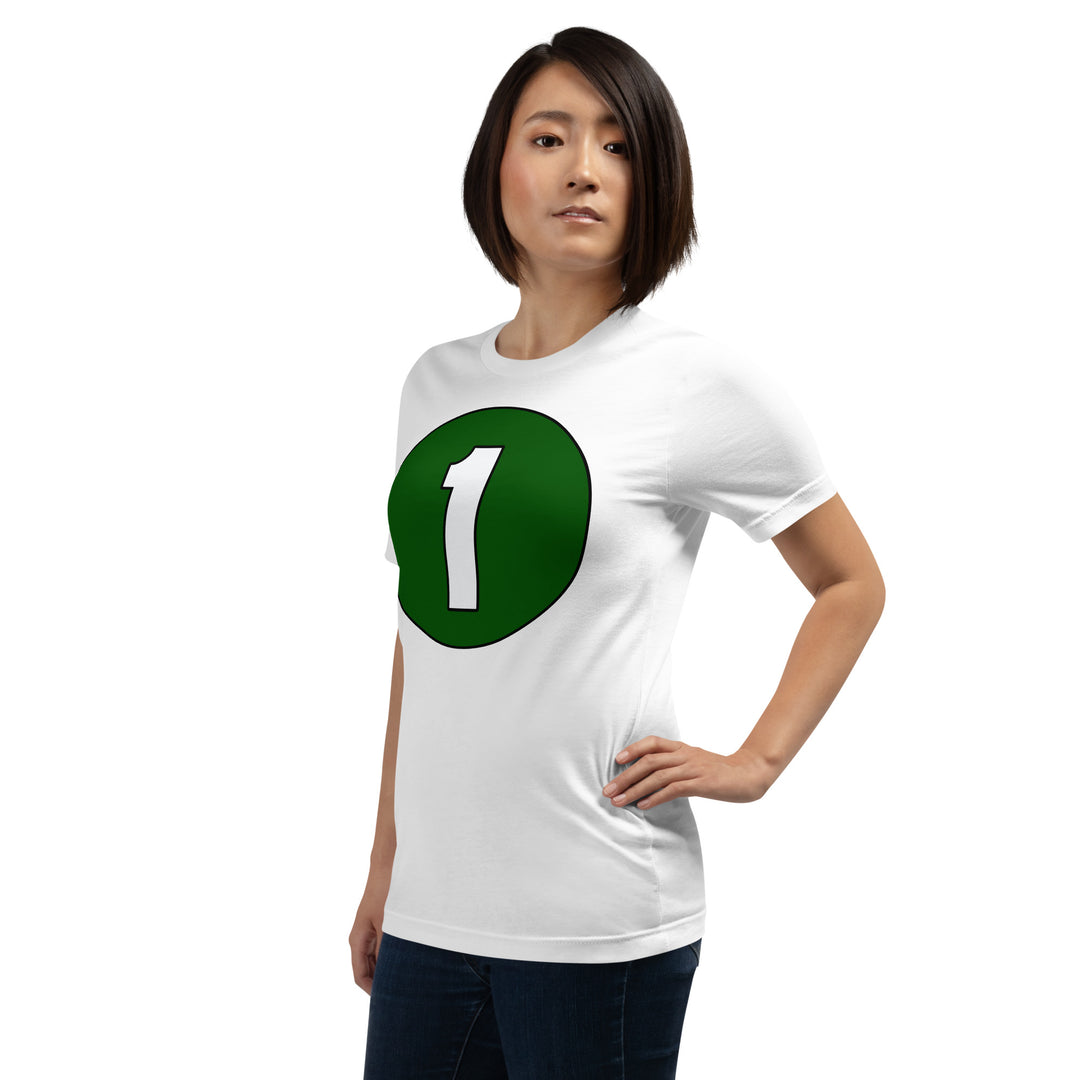 Unisex t-shirt: White on Hunter Green 1